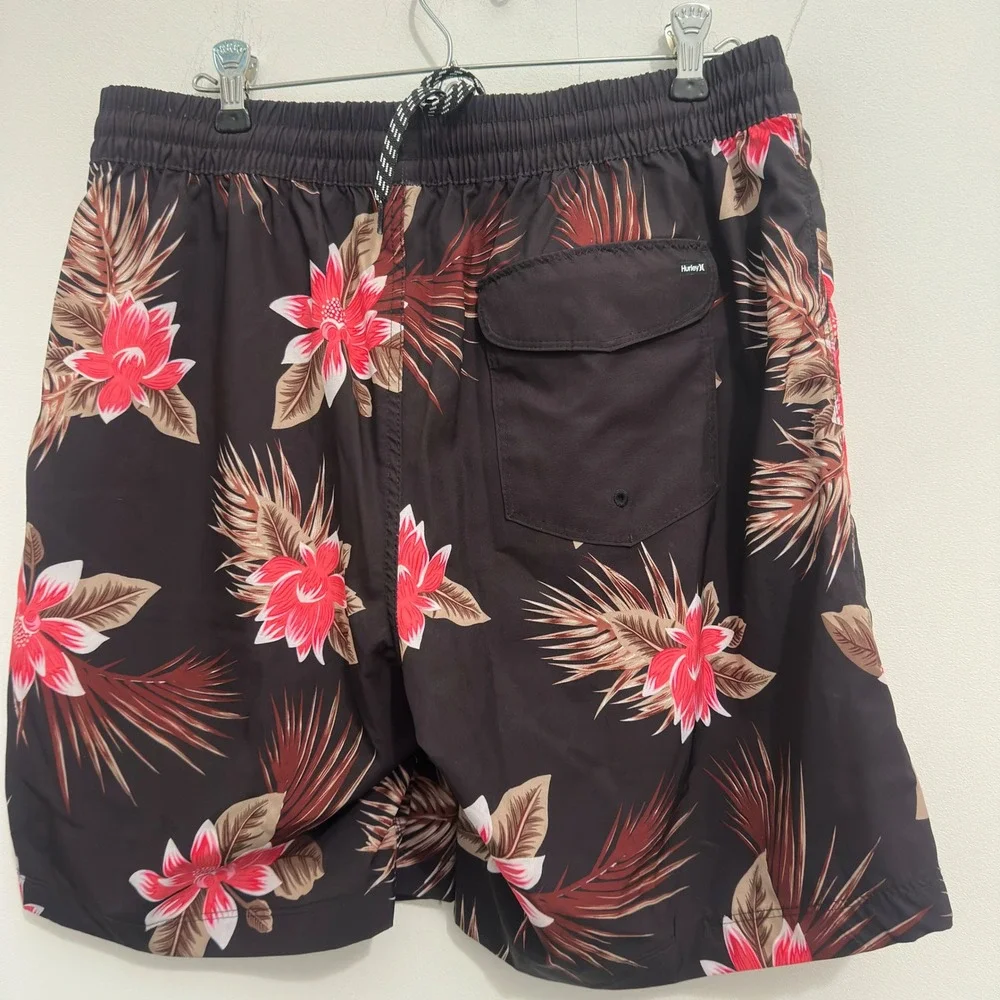 Hurley Swim Trunks Mens L Black Tropical Floral Palm Print Board Shorts Surf